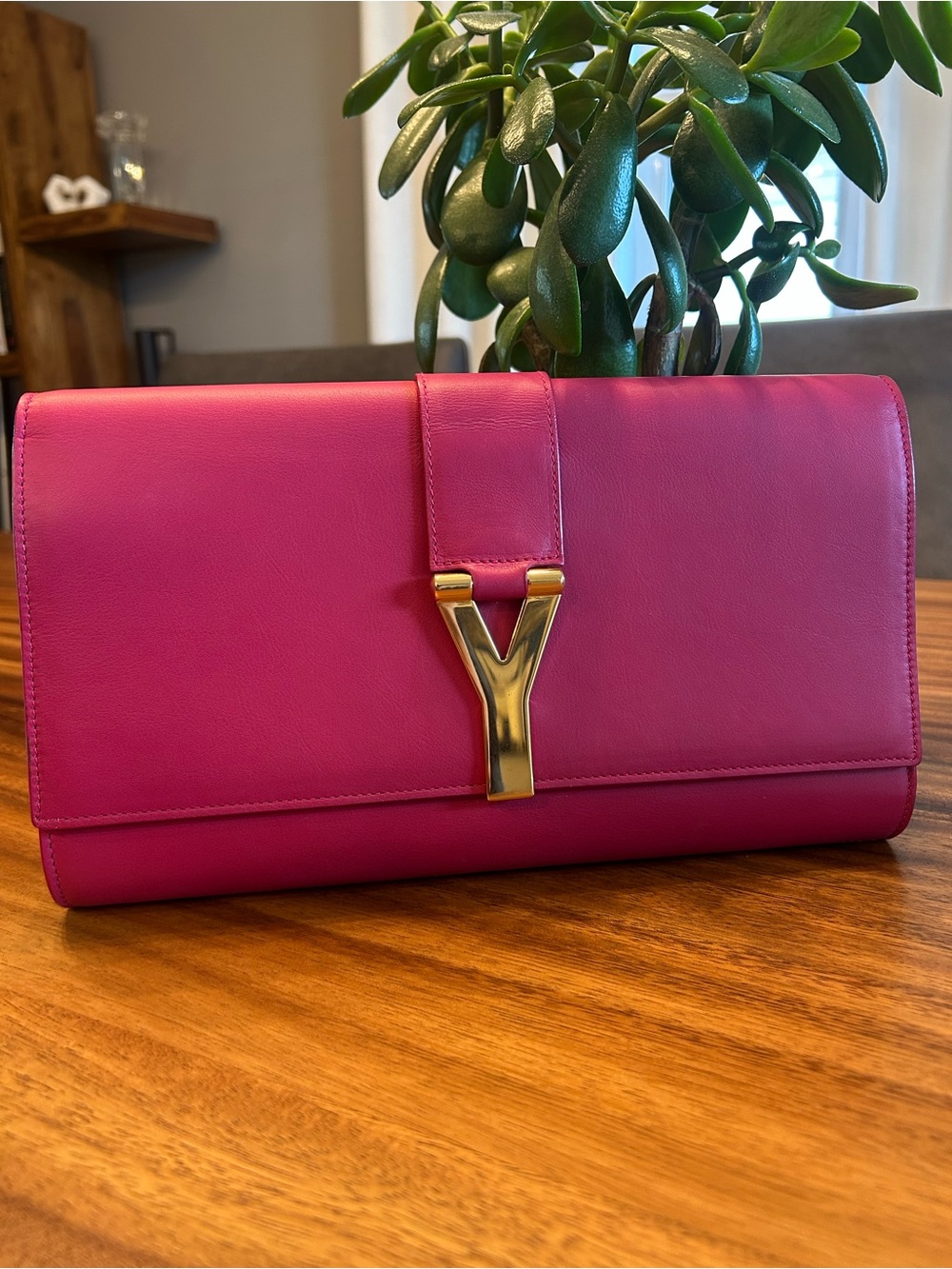 Yves Saint Laurent Fuchsia Leather Clutch with Gold 'Y' Logo